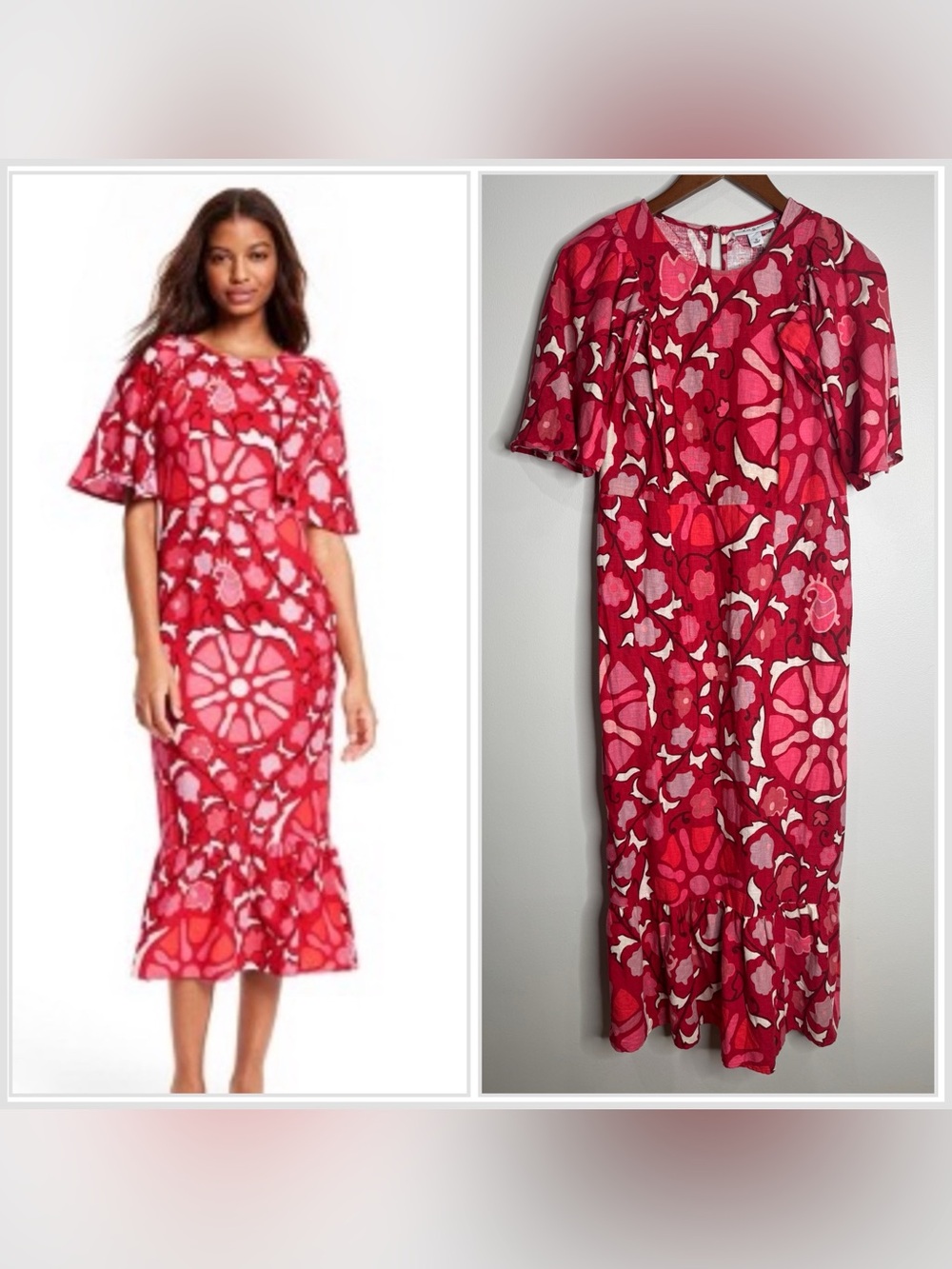 Rhode x Target Linen Rayon Red Pink Floral Fit and Flare Midi Dress Modest Sz 10